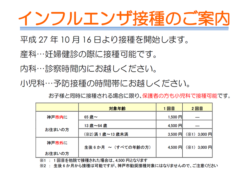 インフルエンザ接種のご案内 パルモア病院 神戸市中央区元町 三宮